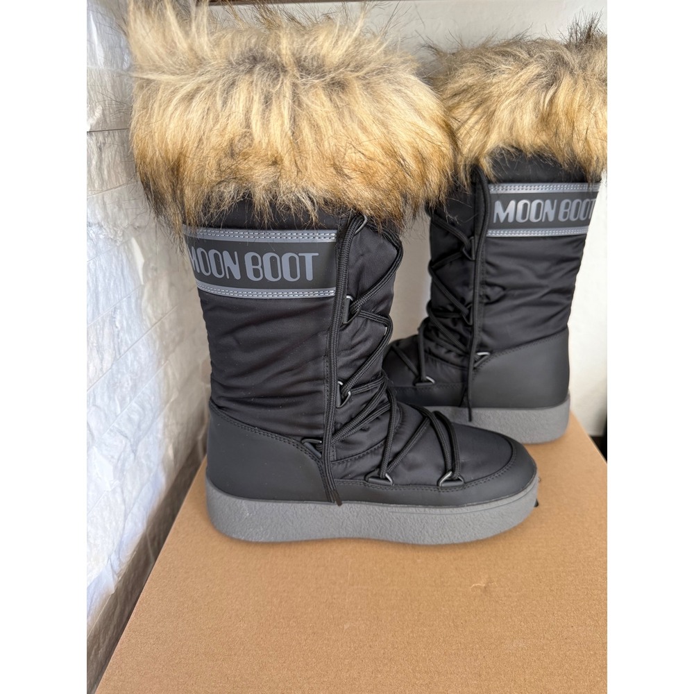 Moon Boot Ltrack Monaco WP Black Faux Fur Snow Boots Size 36 US L 5.5